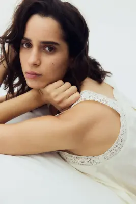 Pyjama en coton avec dentelle - Crème — photo 5