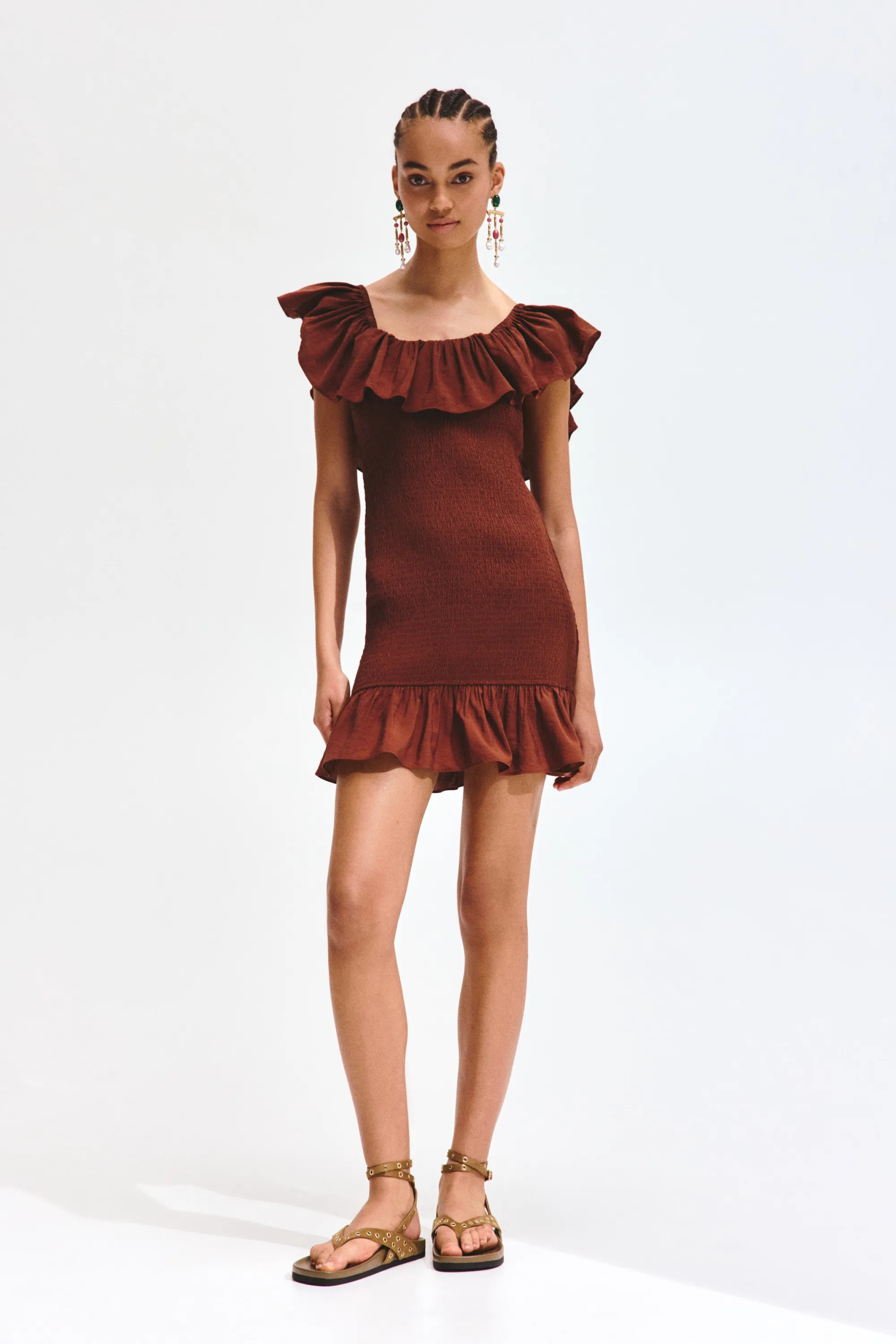 Robe épaules nues volantée - Brun rouille