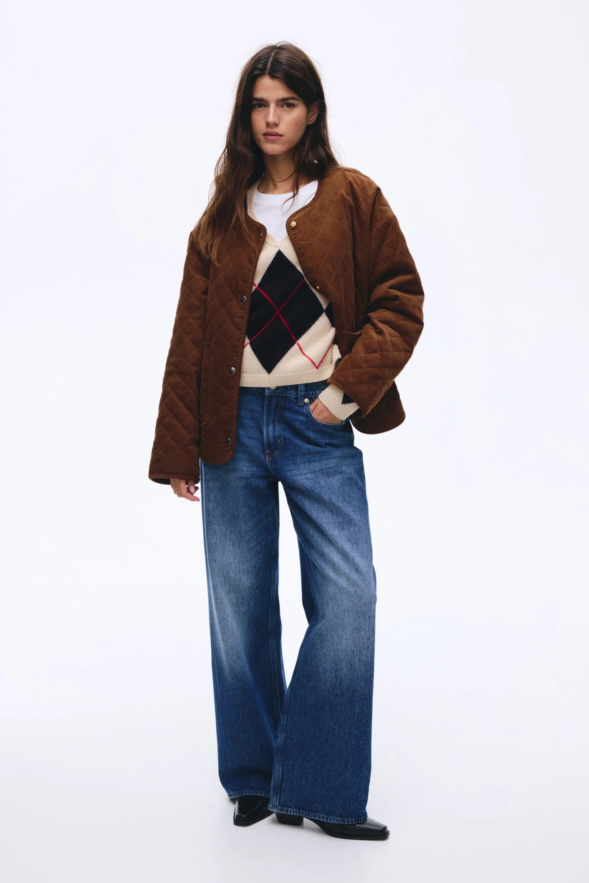 Veste oversize matelassée en velours côtelé - Marron