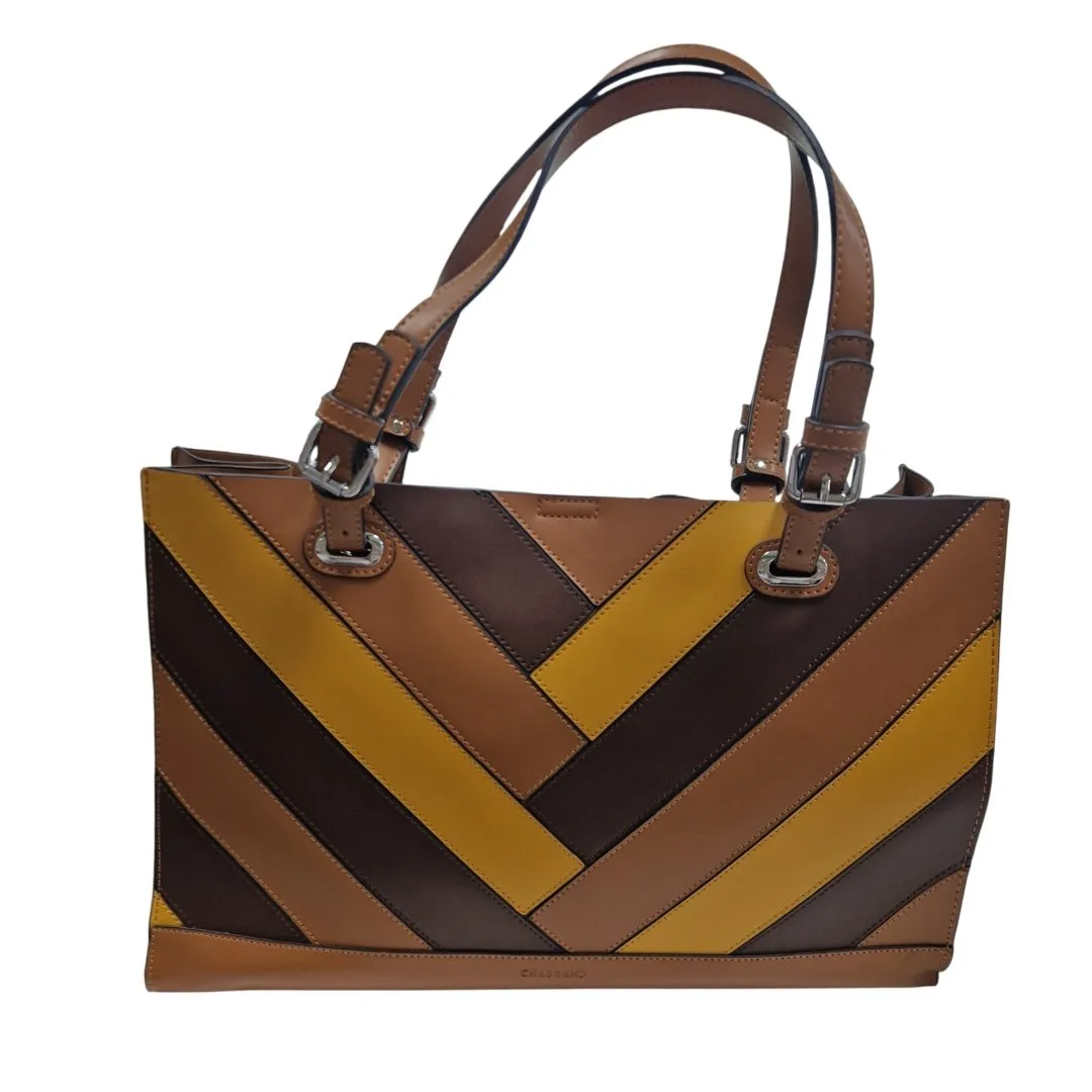 Sac a main grand cabas construction geometrique chevrons camel brun fard
