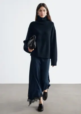 Pull à col roulé en laine et coton - Bleu foncé — photo 2