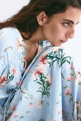Robe imprimée avec détail à nouer - Bleu clair/fleuri — photo 2