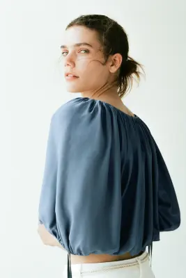 Blouse oversize avec liens à nouer - Bleu ancien — photo 1