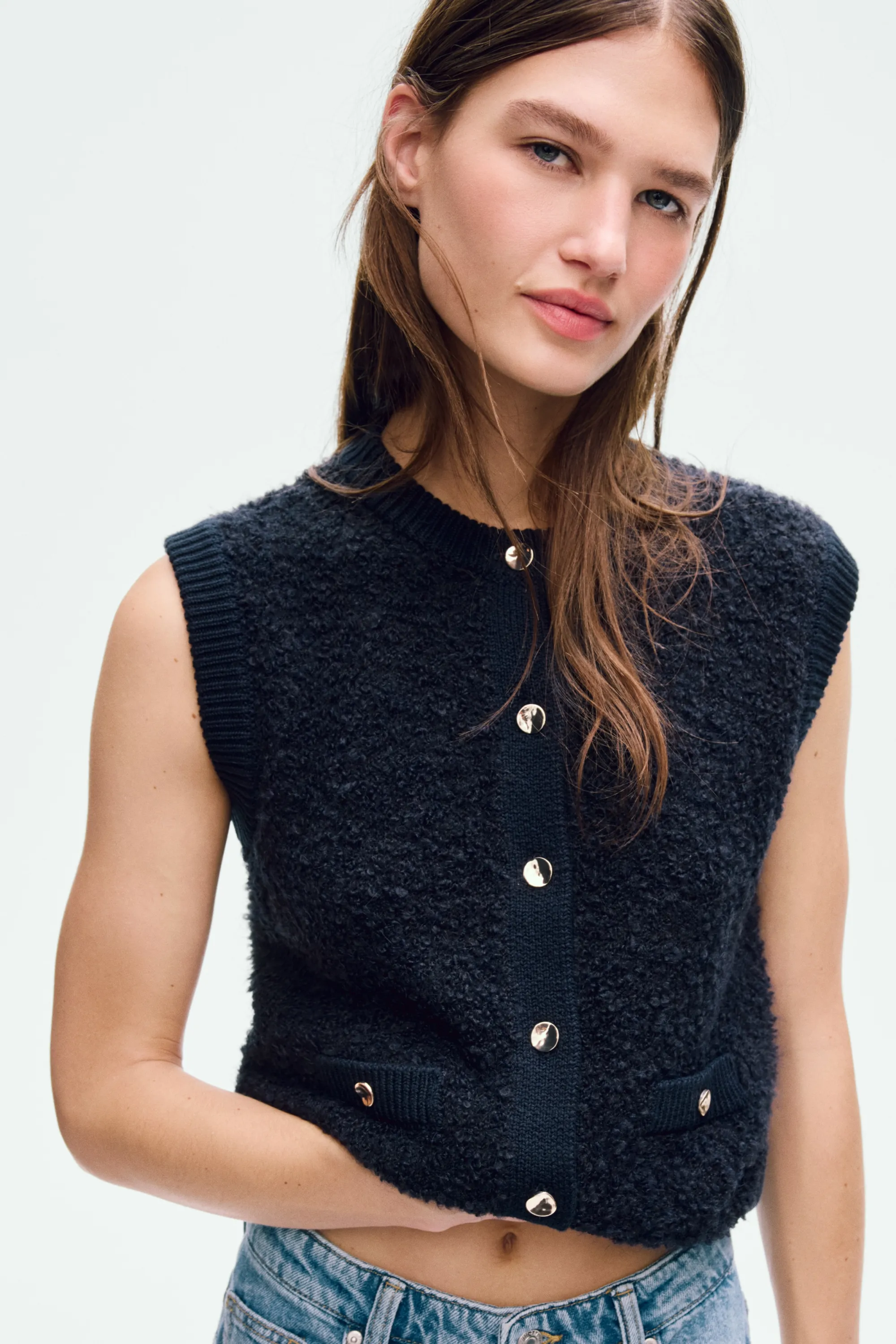 Gilet sans manches en maille bouclette - Bleu marine