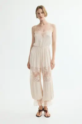 Combi-pantalon à jambes ballon avec dentelle - Beige clair/crème — photo 1