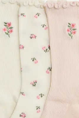 Lot de 5 paires de chaussettes en maille côtelée - Blanc/fleuri — photo 2