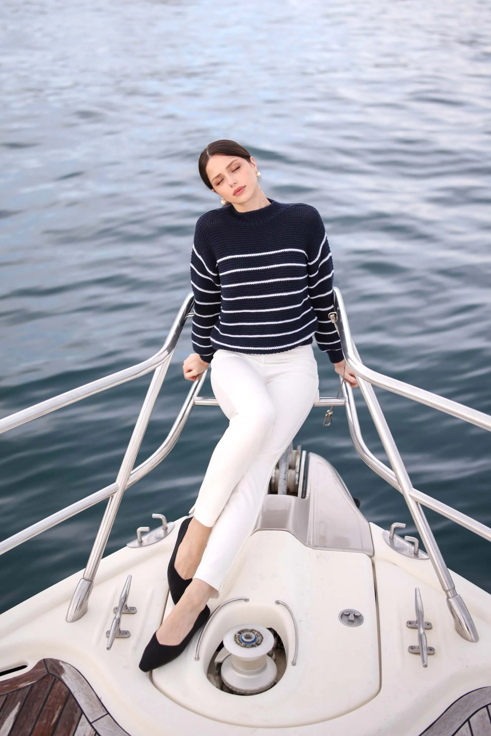 Marine Merino Wool Sweater - Navy with cream