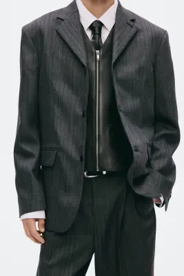 Veste à fermeture droite Regular Fit en laine - Gris foncé/rayures tennis — photo 2