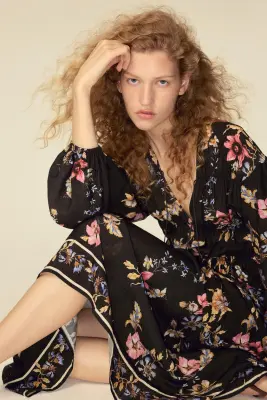 Robe imprimée avec détail à nouer - Noir/fleuri — photo 2
