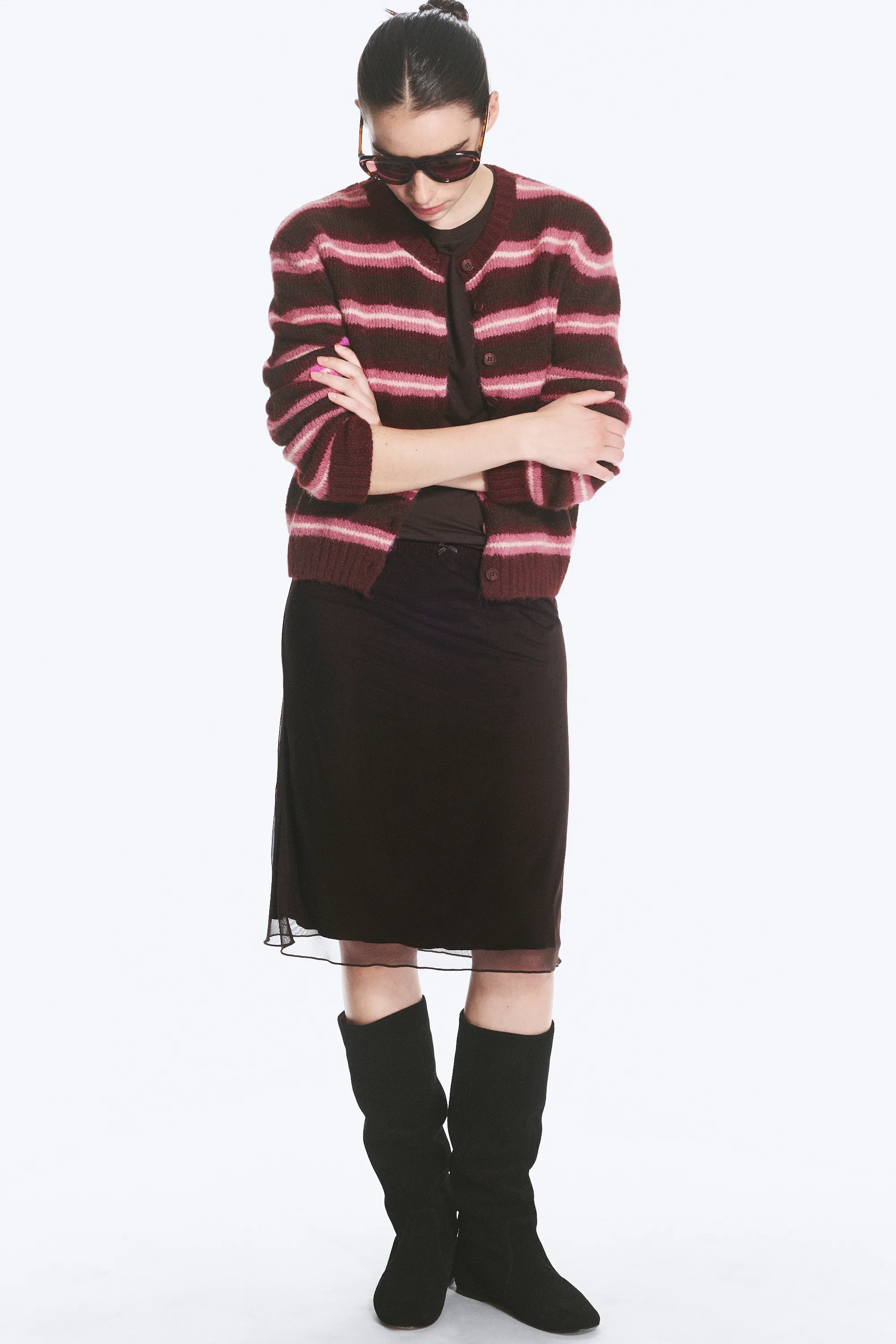 Cardigan boutonné en maille brossée - Rayures rouge foncé et rose