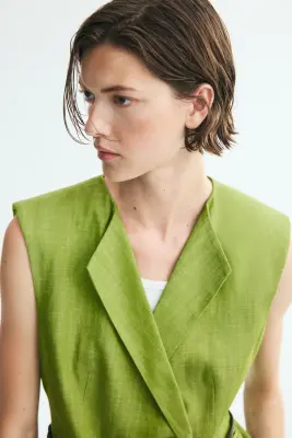 Gilet sans manches en lin mélangé avec ceinture - Vert — photo 2