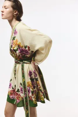 Robe tunique avec ceinture à nouer - Beige clair/fleuri — photo 1