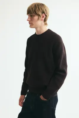 Pull Relaxed Fit en maille côtelée - Marron foncé — photo 2