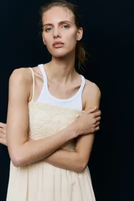 Robe à bretelles fines en coton - Beige clair — photo 3