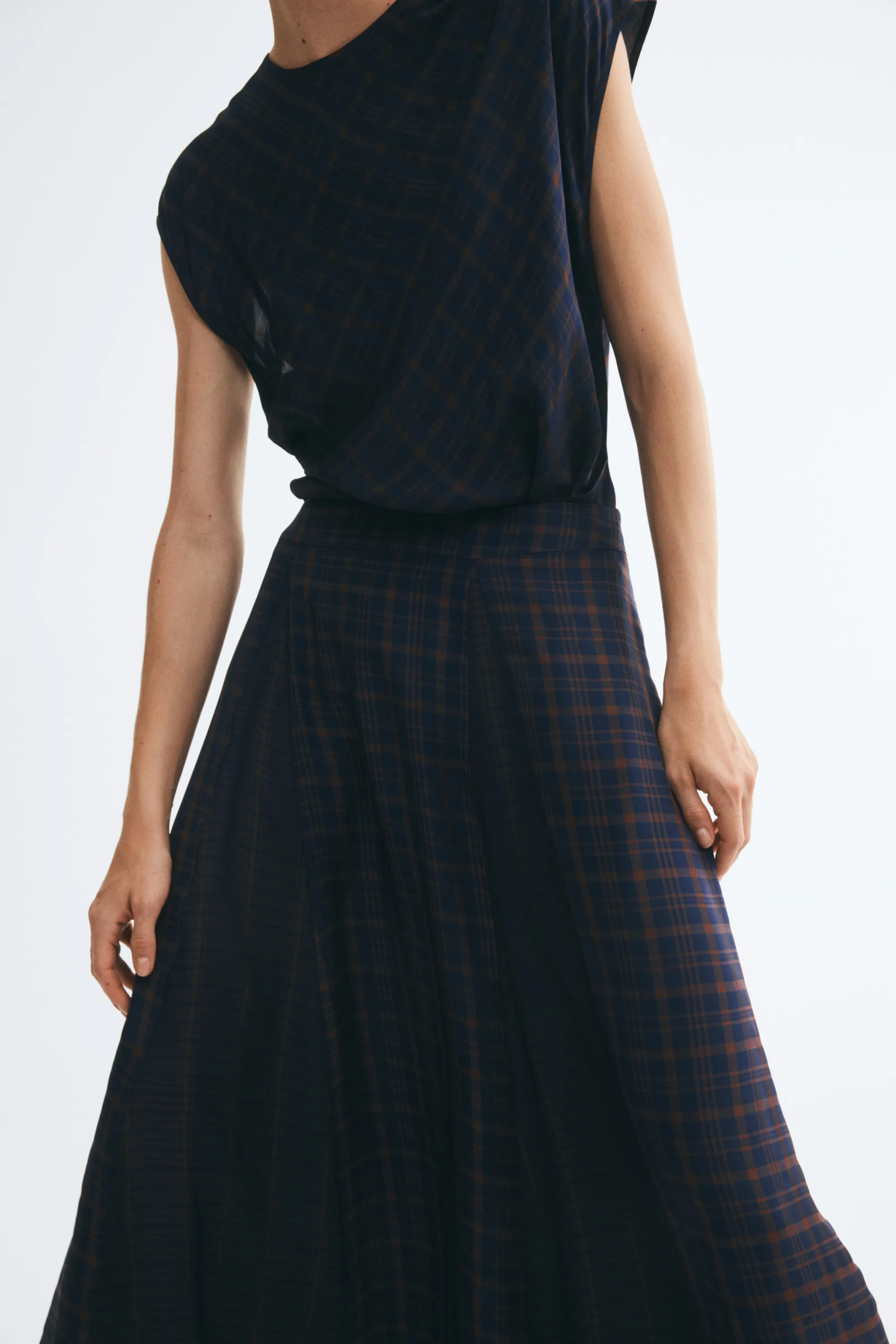Jupe plissée en viscose mélangée - Bleu marine/marron