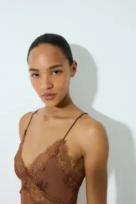 Body en microfibre et dentelle - Marron — photo 2