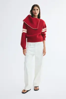 Pull col roulé - Rouge/color block — photo 2