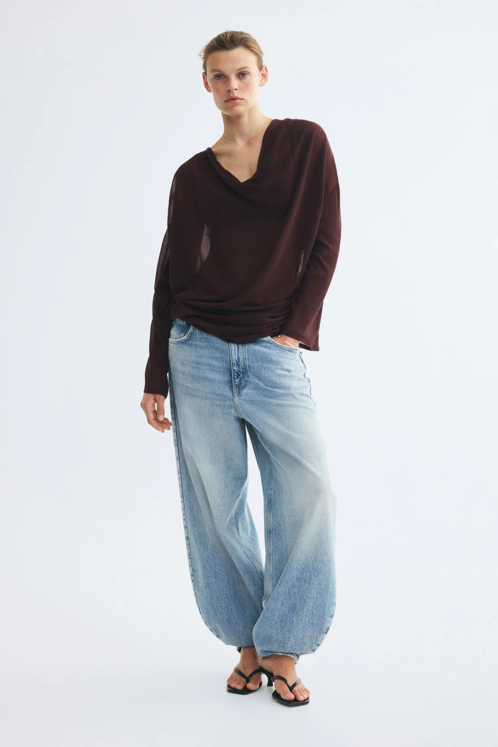 Blouse à encolure bénitier en maille fine - Marron foncé