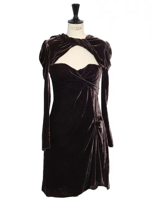 Robe manches longues décolleté coeur en velours prune marron Prix boutique 520€ Taille 36