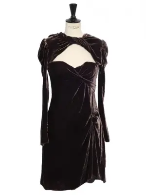 Robe manches longues décolleté coeur en velours prune marron Prix boutique 520€ Taille 36 — photo 1