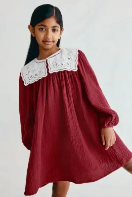 Robe en mousseline avec col vintage - Rouge/blanc — photo 2