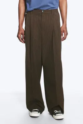 Nate Pantalon Taille Standard Coupe Droite Ample - Rayures fines marron — photo 1