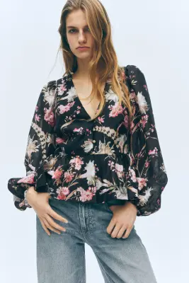 Blouse péplum en lin mélangé - Noir/fleuri — photo 3