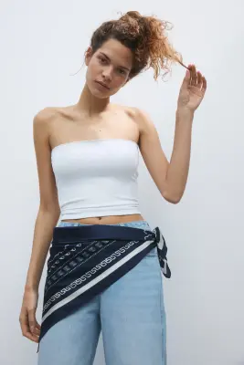Straight High Waist Jeans avec foulard - Bleu denim clair/bleu marine — photo 1