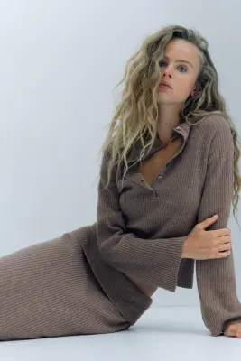 Jupe midi en maille côtelée - Beige — photo 1