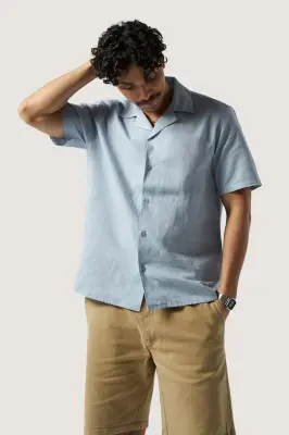 La chemise manches courtes coton lin - Bleu clair — photo 5