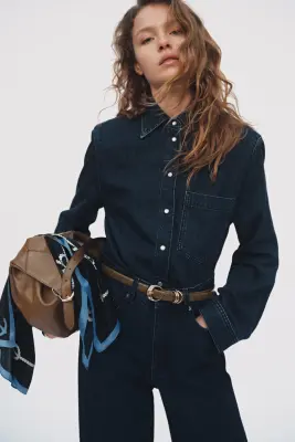 Chemise en denim avec épaulettes - Bleu denim — photo 1