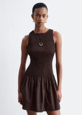Robe courte à smocks en popeline de coton - Marron foncé — photo 1