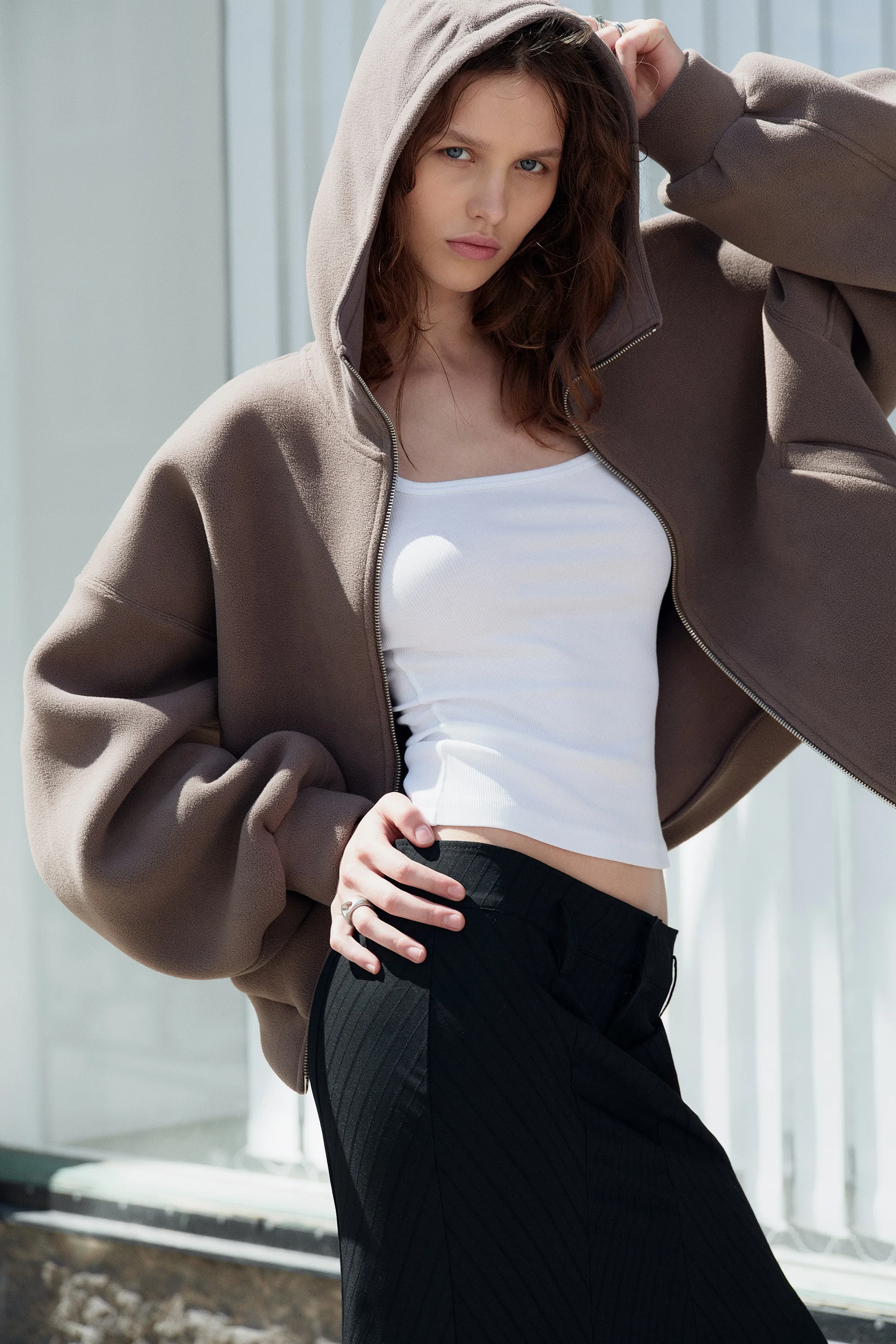 Sweat à capuche oversize en scuba doublé - Taupe foncé