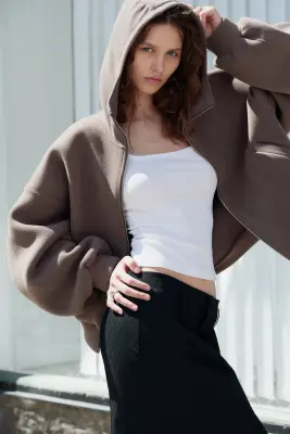 Sweat à capuche oversize en scuba doublé - Taupe foncé — photo 1