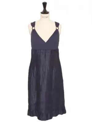 Robe empire à larges bretelles en lin et coton bleu marine Prix boutique 430€ Taille 38 — photo 1