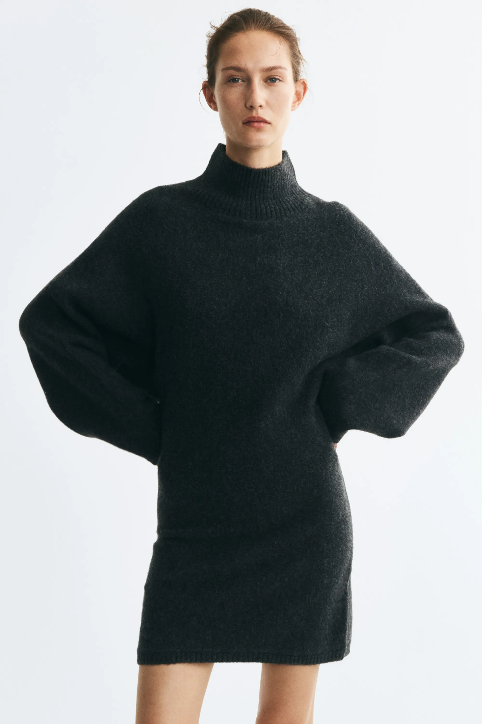 Robe en maille avec col cheminée - Gris foncé chiné
