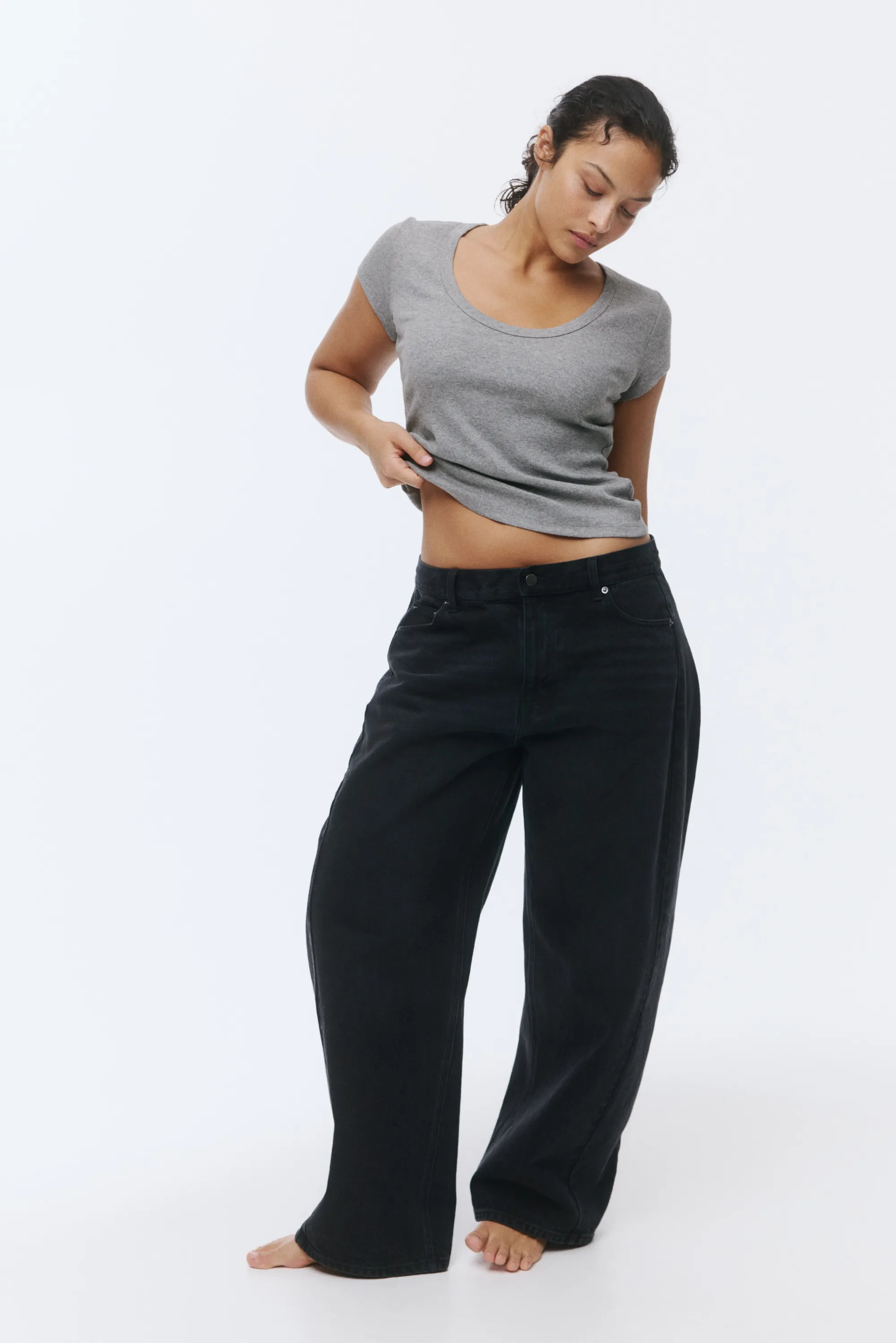 T-shirt côtelé avec encolure dégagée - Gris chiné