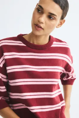 T-shirt en maille - Rouge foncé/rayé — photo 2