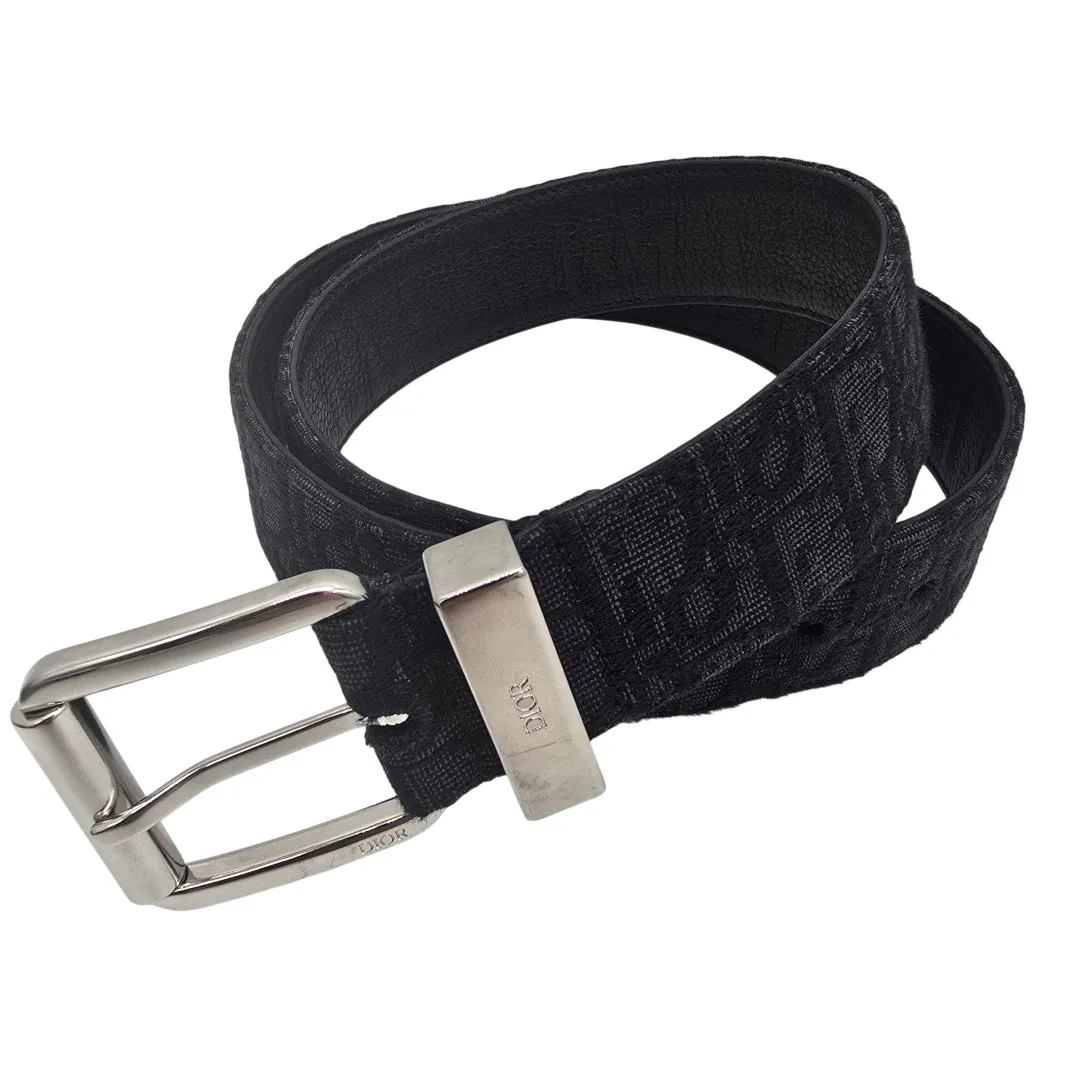 Ceinture toile jacquard oblique cuir de veau graine noir
