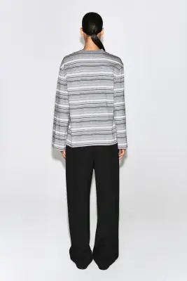 T-SHIRT À MANCHES LONGUES EN COTON BROSSÉ - GRIS / RAYÉ — photo 4