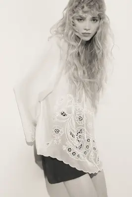 Blouse avec broderie anglaise - Crème — photo 3