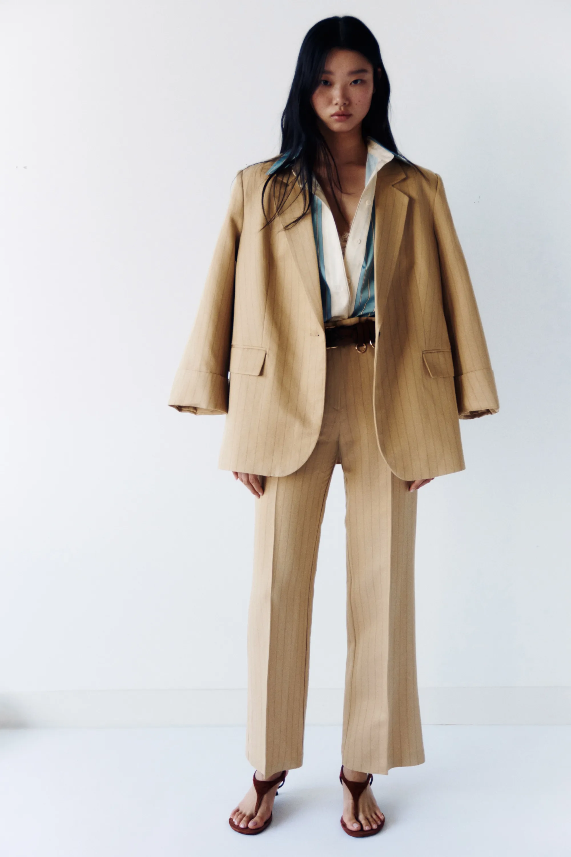 Pantalon chic en lin mélangé - Beige/rayures tennis