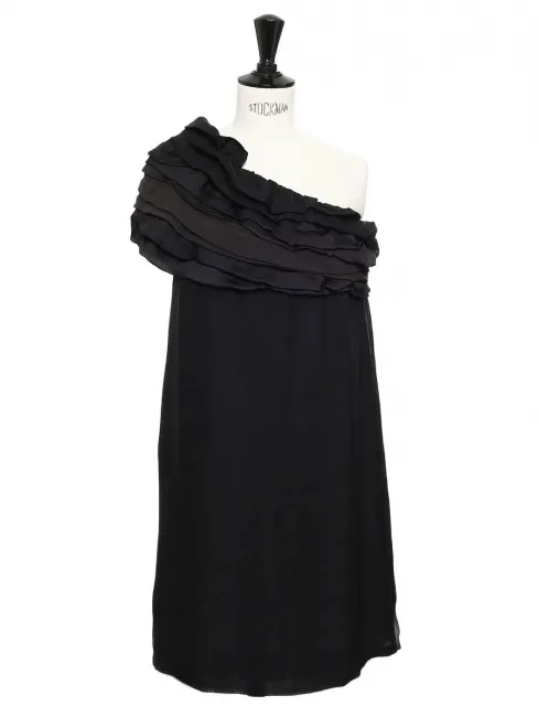 Robe de cocktail asymétrique à volants en soie noire Px boutique 1500€ Taille 36