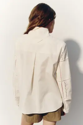 Veste avec broderie anglaise avec col cravate - Crème — photo 3