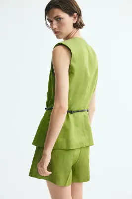 Gilet sans manches en lin mélangé avec ceinture - Vert — photo 3