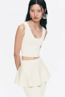Jupe en maille à effet superposé - Crème — photo 1