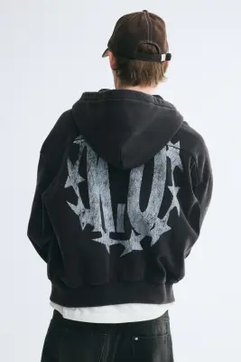 Veste imprimée Oversized Fit avec capuche et zip - Noir délavé/K.O — photo 3