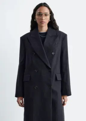 Manteau croisé en coton et en laine - Marron foncé — photo 4