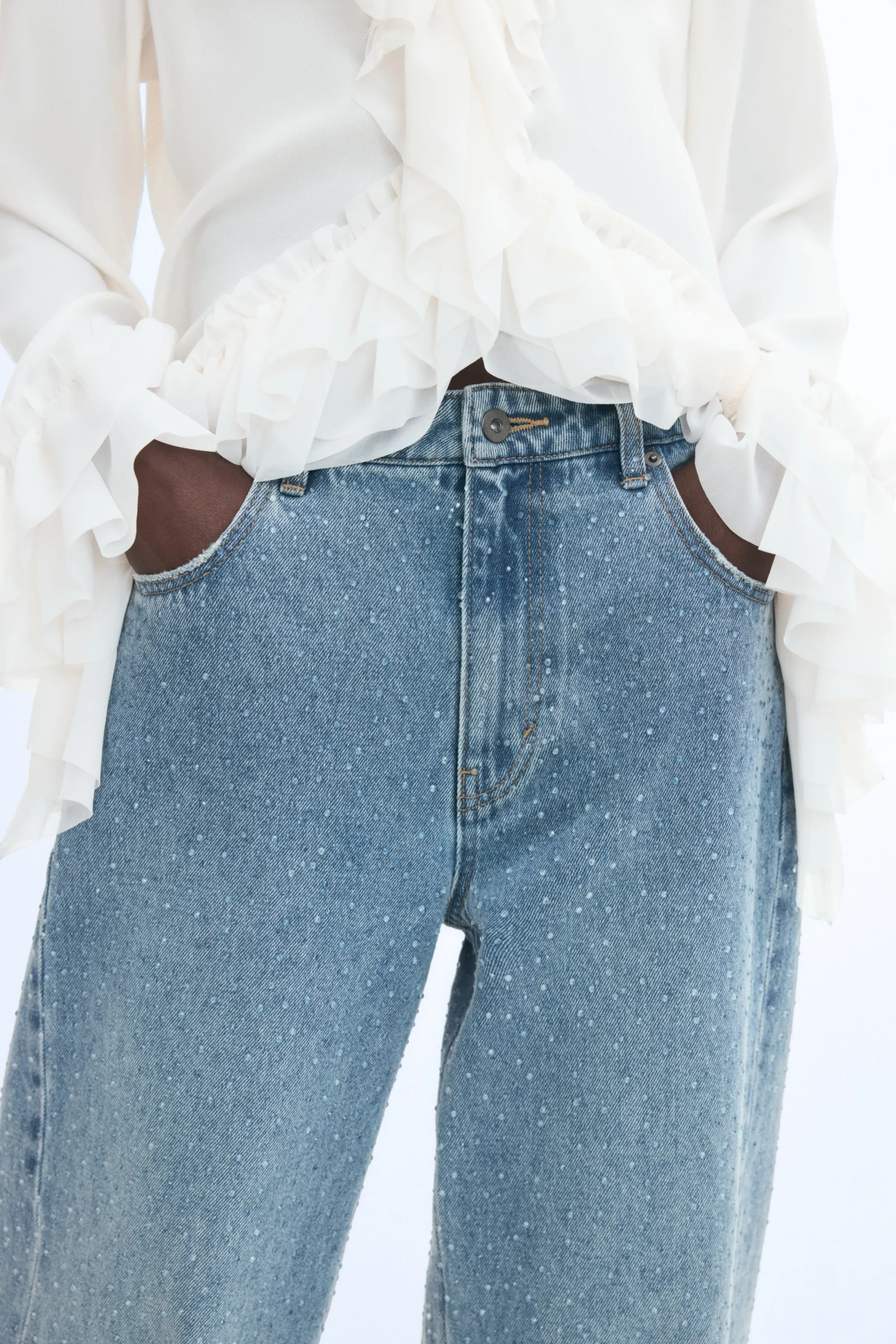 High Waist Jeans avec strass - Bleu denim clair