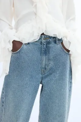 High Waist Jeans avec strass - Bleu denim clair — photo 1